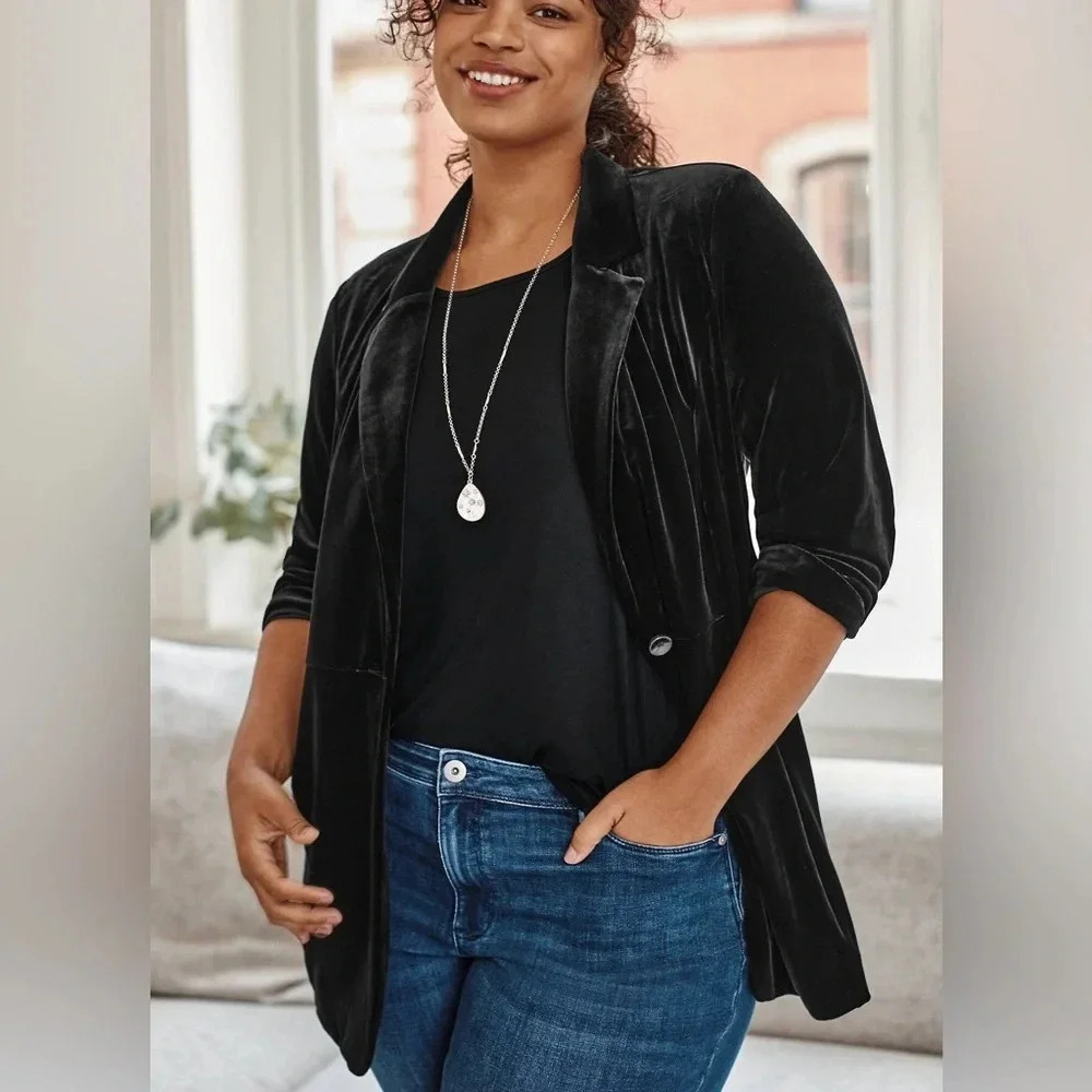 J.JILL WEAREVER VELVET-KNIT BLAZER IN BLACK feminism classic luxury stretch